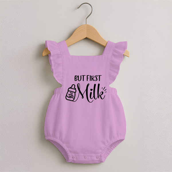 But First Milk Romper Frock | Custom Baby Romper Frock for Milk Lovers - BABY PINK - 0 - 3 Months Old (Chest 19")