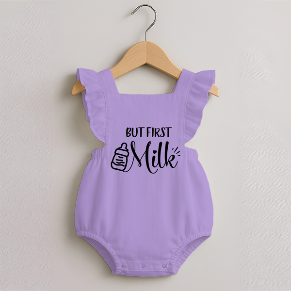 But First Milk Romper Frock | Custom Baby Romper Frock for Milk Lovers - LILAC - 0 - 3 Months Old (Chest 19")