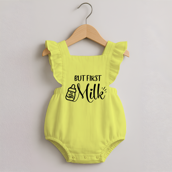 But First Milk Romper Frock | Custom Baby Romper Frock for Milk Lovers - PASTEL YELLOW - 0 - 3 Months Old (Chest 19")