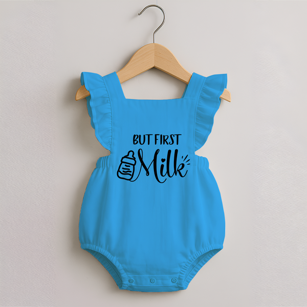 But First Milk Romper Frock | Custom Baby Romper Frock for Milk Lovers - SKY BLUE - 0 - 3 Months Old (Chest 19")