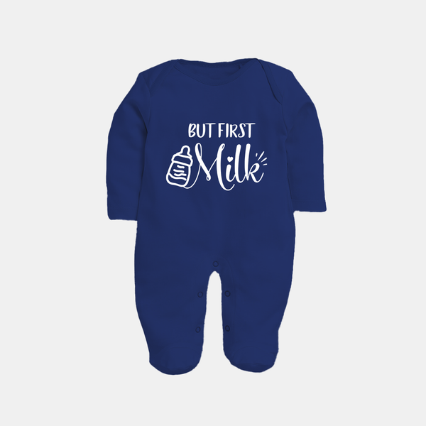 But First Milk Sleep Suit | Custom Baby Sleep Suit for Milk Lovers - NAVY BLUE - New Born (Chest 7.5")
