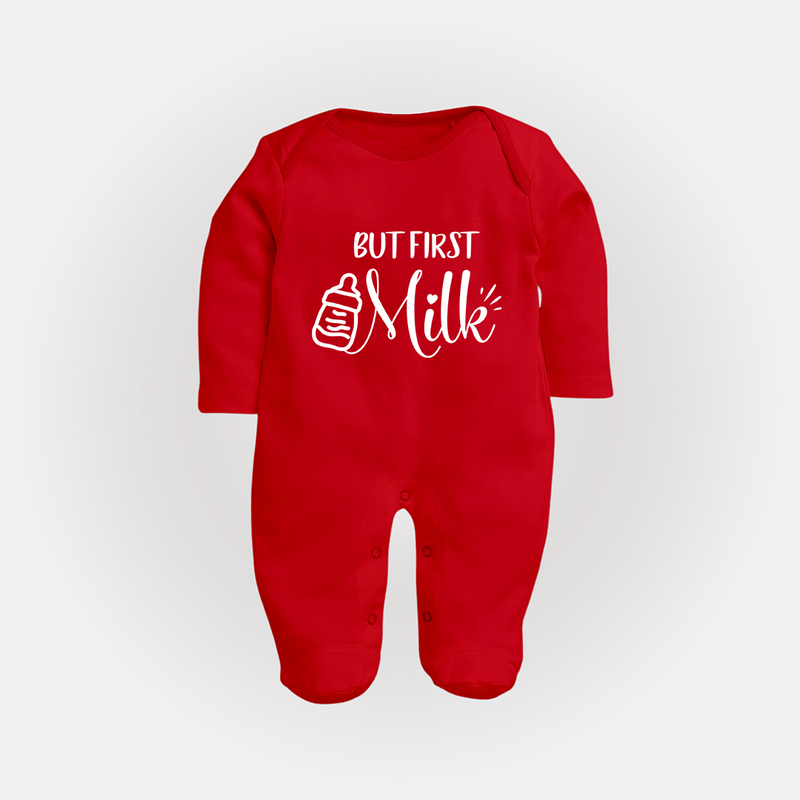 But First Milk Sleep Suit | Custom Baby Sleep Suit for Milk Lovers - RED - New Born (Chest 7.5")