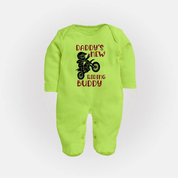 Daddy's New Riding Buddy Sleep Suit | Personalized Baby Sleep Suit for Daddy's Little Partner - LIME GREEN - New Born (Chest 7.5")