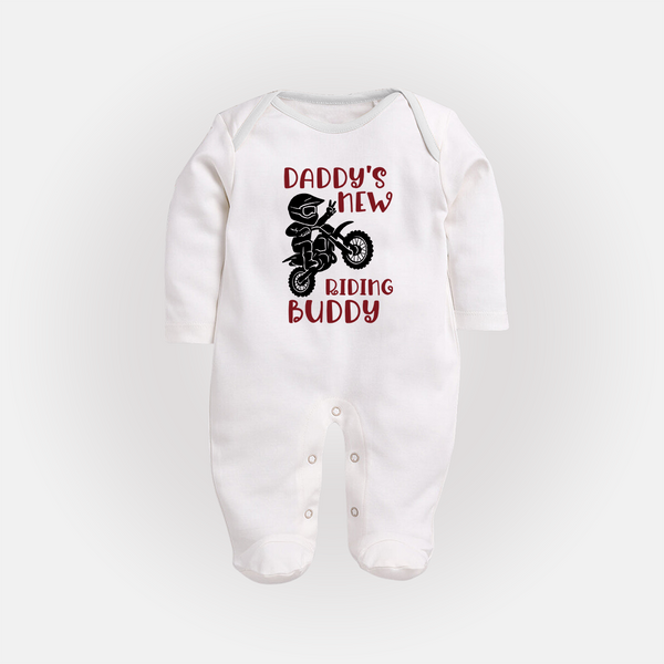 Daddy's New Riding Buddy Sleep Suit | Personalized Baby Sleep Suit for Daddy's Little Partner - WHITE - New Born (Chest 7.5")