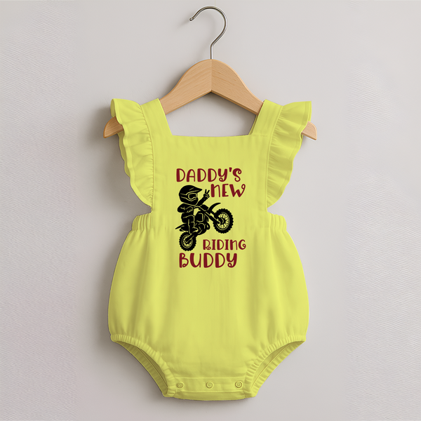 Daddy's New Riding Buddy Romper Frock | Personalized Baby Romper Frock for Daddy's Little Partner - PASTEL YELLOW - 0 - 3 Months Old (Chest 19")