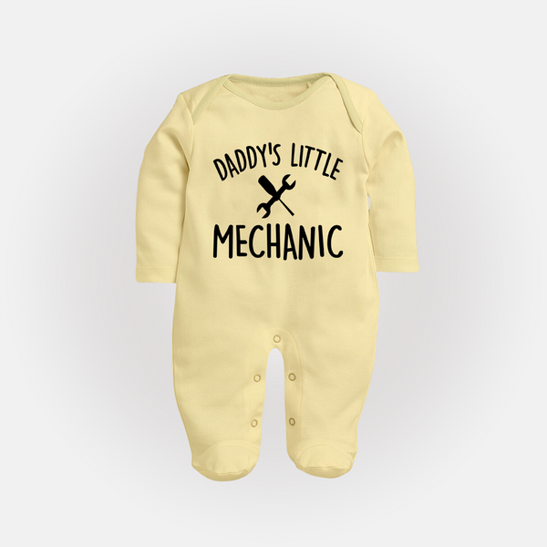 Daddy's Little Mechanic Sleep Suit | Custom Baby Sleep Suit for Daddy's Helper - PASTEL YELLOW - New Born (Chest 7.5")