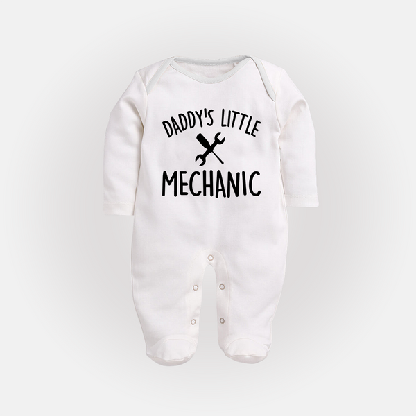 Daddy's Little Mechanic Sleep Suit | Custom Baby Sleep Suit for Daddy's Helper - WHITE - New Born (Chest 7.5")
