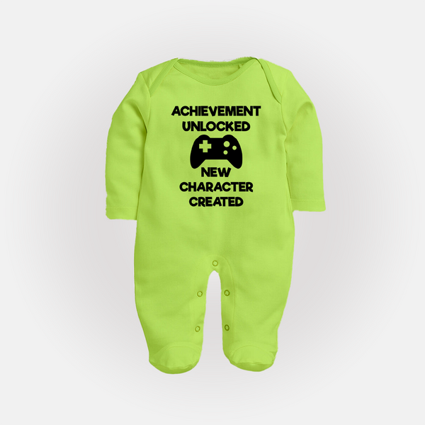 Achievement Unlocked New Character Created Sleep Suit | Custom Baby Sleep Suit for Milestones - LIME GREEN - New Born (Chest 7.5")