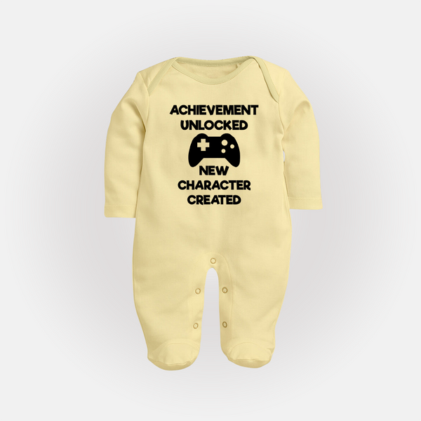Achievement Unlocked New Character Created Sleep Suit | Custom Baby Sleep Suit for Milestones - PASTEL YELLOW - New Born (Chest 7.5")