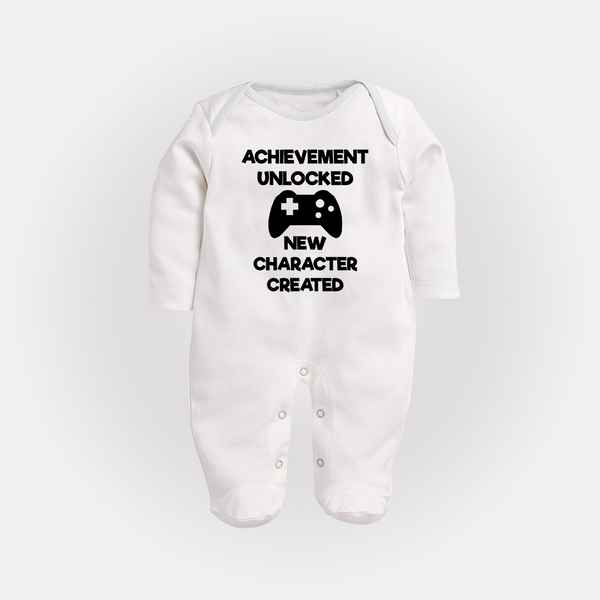 Achievement Unlocked New Character Created Sleep Suit | Custom Baby Sleep Suit for Milestones - WHITE - New Born (Chest 7.5")
