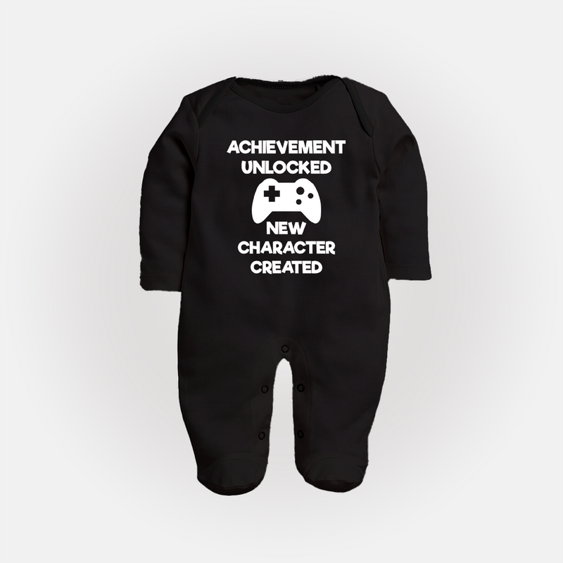 Achievement Unlocked New Character Created Sleep Suit | Custom Baby Sleep Suit for Milestones - BLACK - New Born (Chest 7.5")