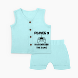 Player 3 Has Entered the Game Jabla Set | Custom Baby Jabla Set for the New Player - BABY BLUE - 0 - 3 Months Old (Chest 9.8")