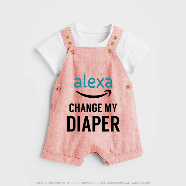 Alexa Change My Diaper Dungaree | Personalized Baby Dungaree for Tech-Savvy Parents - PEACH - 0 - 5 Months Old (Chest 18")