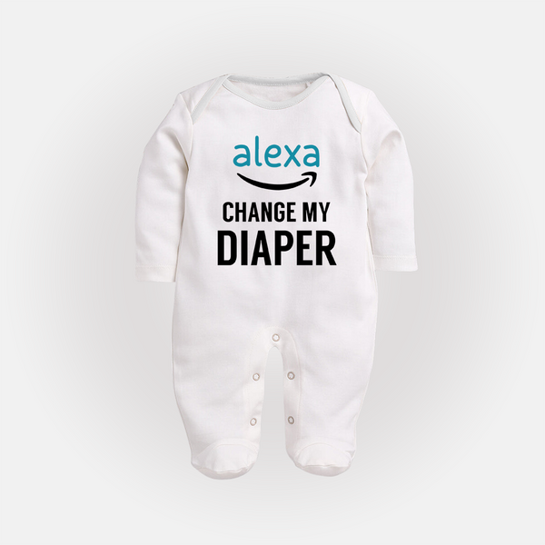Alexa Change My Diaper Sleep Suit | Personalized Baby Sleep Suit for Tech-Savvy Parents - WHITE - New Born (Chest 7.5")