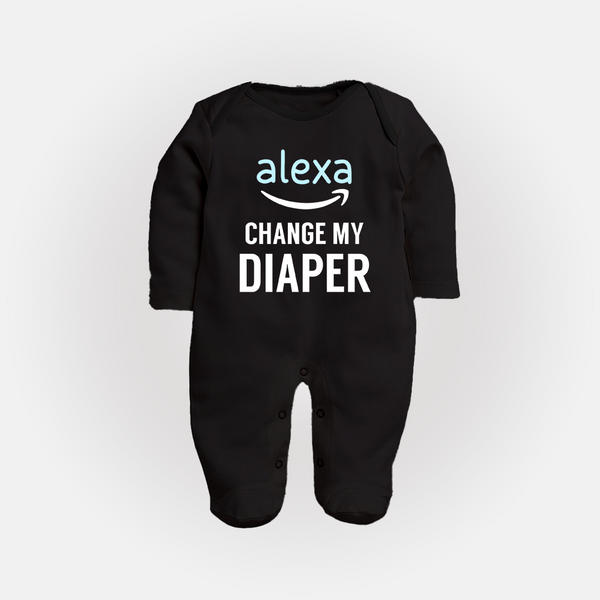Alexa Change My Diaper Sleep Suit | Personalized Baby Sleep Suit for Tech-Savvy Parents - BLACK - New Born (Chest 7.5")