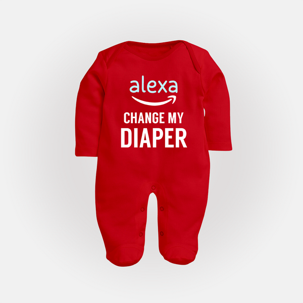 Alexa Change My Diaper Sleep Suit | Personalized Baby Sleep Suit for Tech-Savvy Parents - RED - New Born (Chest 7.5")