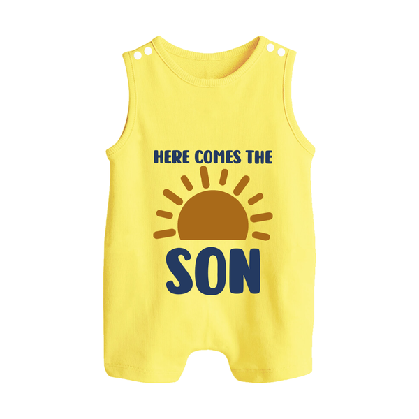 Here Comes the Son Romper Suit | Custom Baby Romper Suit for Your Little Sunbeam - PASTEL YELLOW - 0 - 5 Months Old (Chest 18")