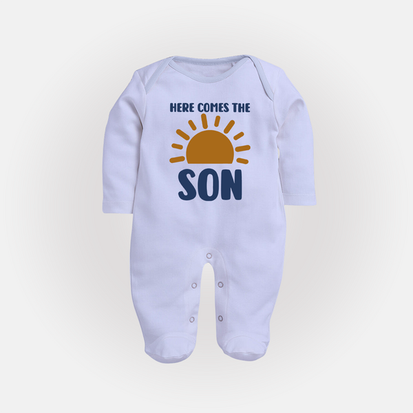 Here Comes the Son Sleep Suit | Custom Baby Sleep Suit for Your Little Sunbeam - BABY BLUE - New Born (Chest 7.5")