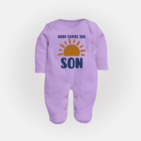 Here Comes the Son Sleep Suit | Custom Baby Sleep Suit for Your Little Sunbeam - LILAC - New Born (Chest 7.5")