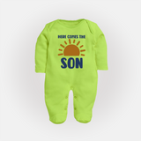 Here Comes the Son Sleep Suit | Custom Baby Sleep Suit for Your Little Sunbeam - LIME GREEN - New Born (Chest 7.5")