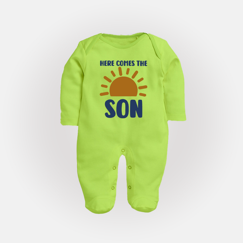 Here Comes the Son Sleep Suit | Custom Baby Sleep Suit for Your Little Sunbeam - LIME GREEN - New Born (Chest 7.5")