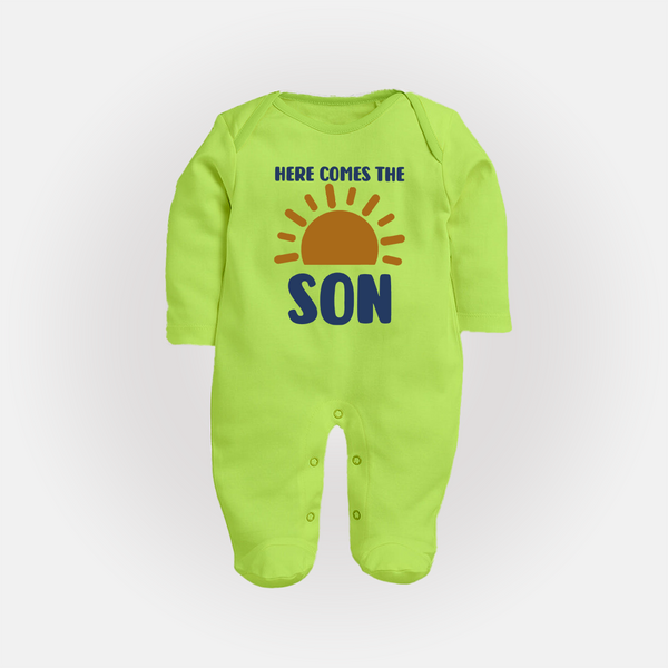 Here Comes the Son Sleep Suit | Custom Baby Sleep Suit for Your Little Sunbeam - LIME GREEN - New Born (Chest 7.5")