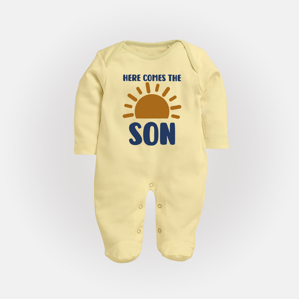Here Comes the Son Sleep Suit | Custom Baby Sleep Suit for Your Little Sunbeam - PASTEL YELLOW - New Born (Chest 7.5")