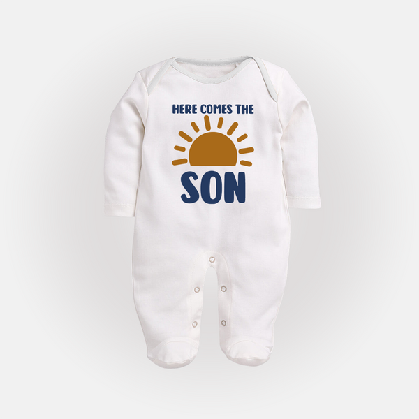 Here Comes the Son Sleep Suit | Custom Baby Sleep Suit for Your Little Sunbeam - WHITE - New Born (Chest 7.5")
