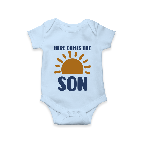 Here Comes the Son Romper | Custom Baby Romper for Your Little Sunbeam - BABY BLUE - New Born (Chest 14")