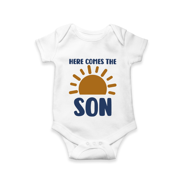 Here Comes the Son Romper | Custom Baby Romper for Your Little Sunbeam - WHITE - New Born (Chest 14")
