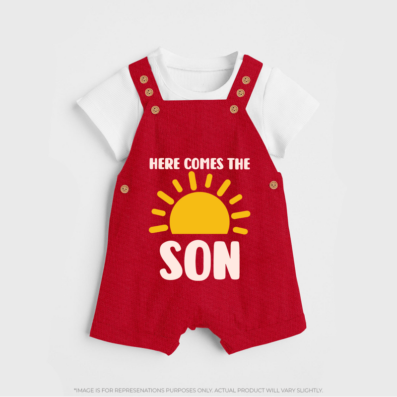 Here Comes the Son Dungaree | Custom Baby Dungaree for Your Little Sunbeam - RED - 0 - 5 Months Old (Chest 18")