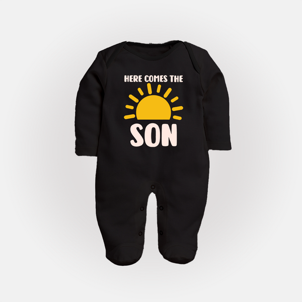 Here Comes the Son Sleep Suit | Custom Baby Sleep Suit for Your Little Sunbeam - BLACK - New Born (Chest 7.5")