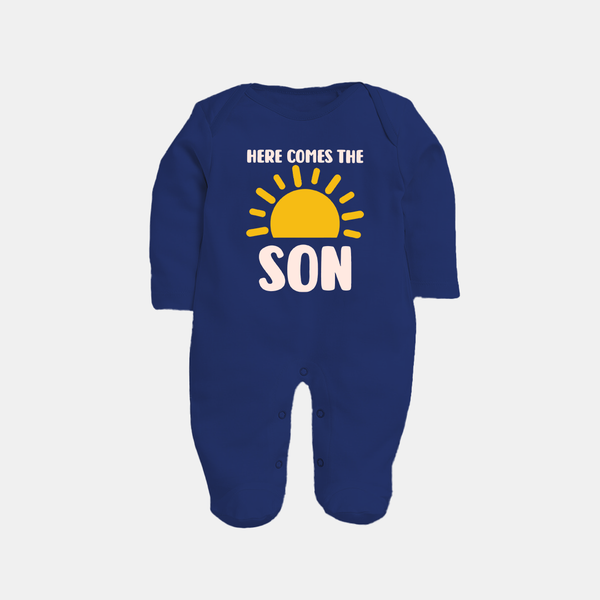 Here Comes the Son Sleep Suit | Custom Baby Sleep Suit for Your Little Sunbeam - NAVY BLUE - New Born (Chest 7.5")