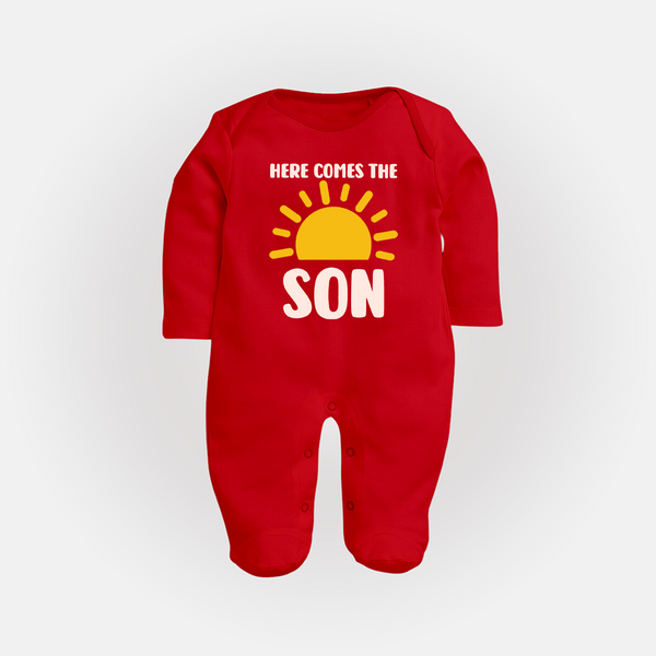 Here Comes the Son Sleep Suit | Custom Baby Sleep Suit for Your Little Sunbeam - RED - New Born (Chest 7.5")