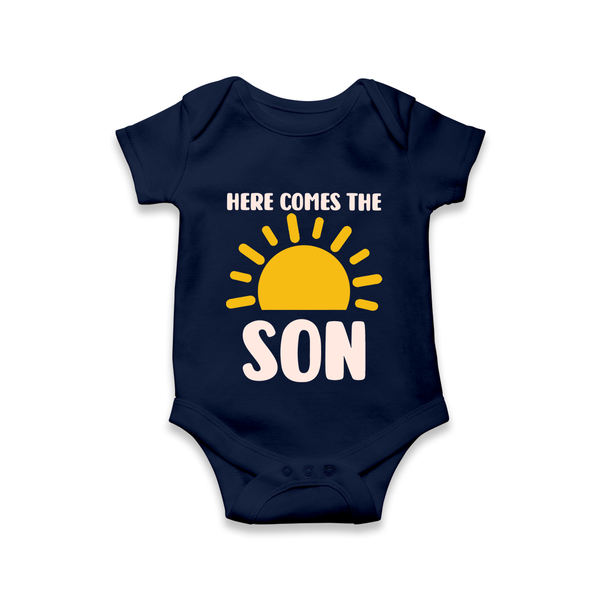 Here Comes the Son Romper | Custom Baby Romper for Your Little Sunbeam - NAVY BLUE - New Born (Chest 14")