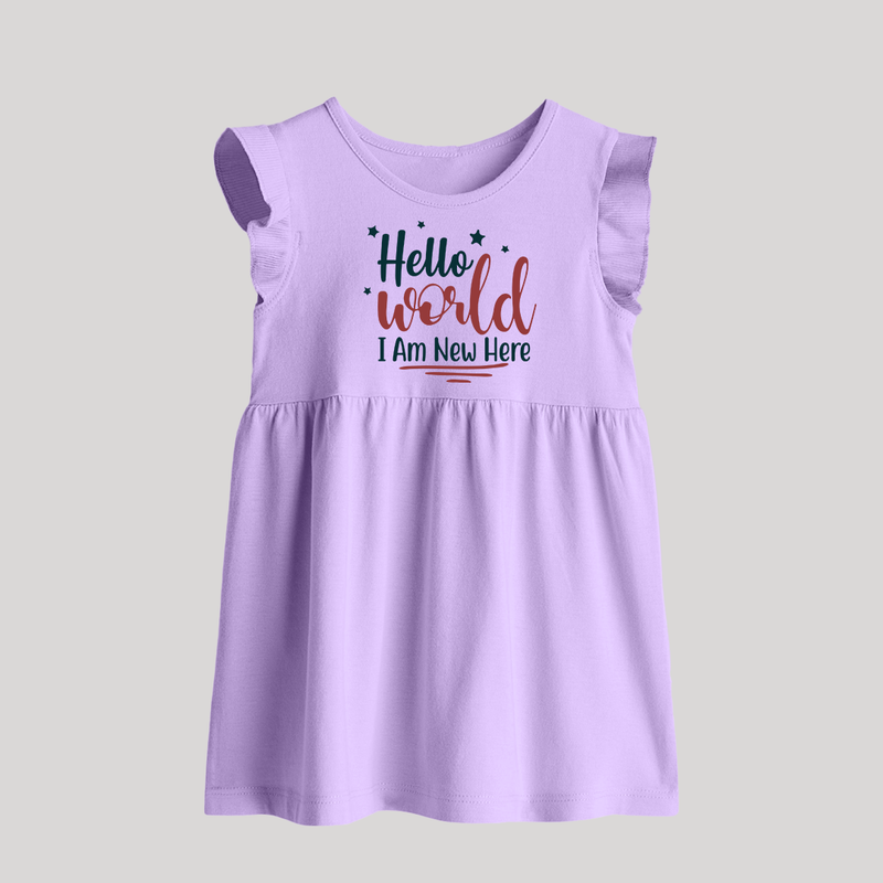Hello World I Am New Here Baby Frock | Custom BabyFrock for a Newborn Introduction - LILAC - 0 - 3 Months Old (Chest 17")