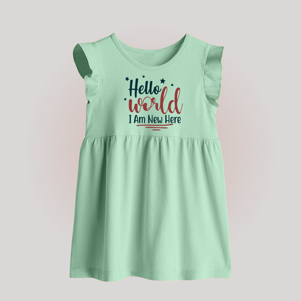 Hello World I Am New Here Baby Frock | Custom BabyFrock for a Newborn Introduction - MINT GREEN - 0 - 3 Months Old (Chest 17")