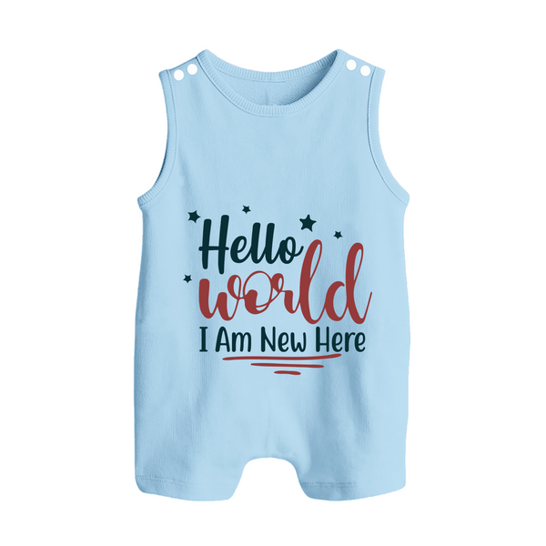 Hello World I Am New Here Romper Suit | Custom Baby Romper Suit for a Newborn Introduction - BABY BLUE - 0 - 5 Months Old (Chest 18")