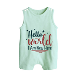 Hello World I Am New Here Romper Suit | Custom Baby Romper Suit for a Newborn Introduction - MINT GREEN - 0 - 5 Months Old (Chest 18")