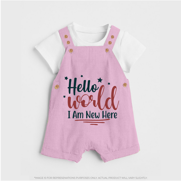 Hello World I Am New Here Dungaree | Custom Baby Dungaree for a Newborn Introduction - BABY PINK - 0 - 5 Months Old (Chest 18")