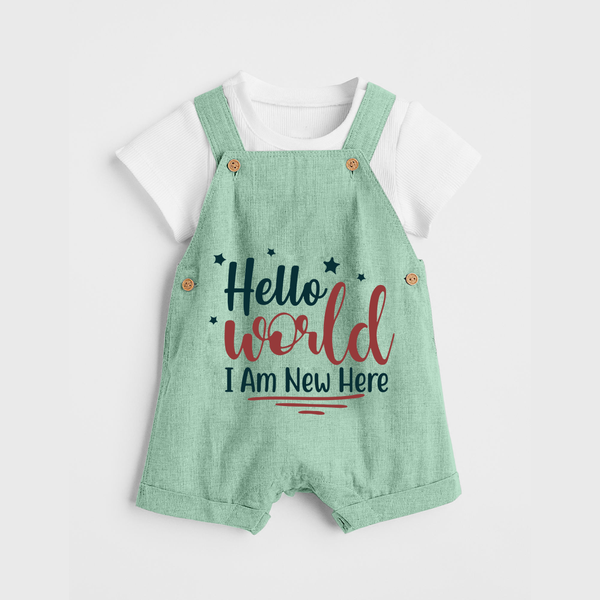 Hello World I Am New Here Dungaree | Custom Baby Dungaree for a Newborn Introduction - MINT GREEN - 0 - 5 Months Old (Chest 18")
