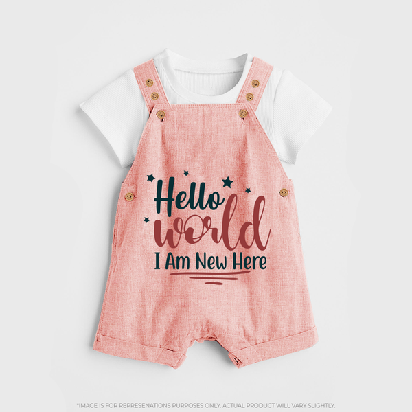 Hello World I Am New Here Dungaree | Custom Baby Dungaree for a Newborn Introduction - PEACH - 0 - 5 Months Old (Chest 18")