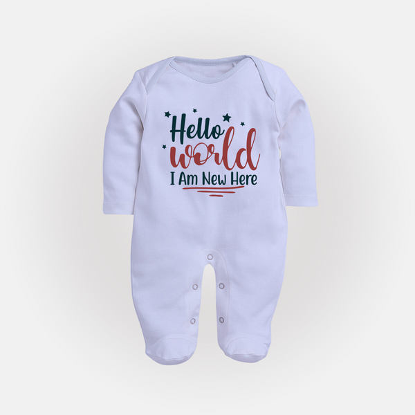 Hello World I Am New Here Sleep Suit | Custom Baby Sleep Suit for a Newborn Introduction - BABY BLUE - New Born (Chest 7.5")