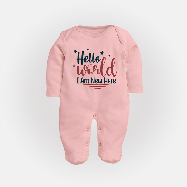 Hello World I Am New Here Sleep Suit | Custom Baby Sleep Suit for a Newborn Introduction - BABY PINK - New Born (Chest 7.5")