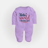 Hello World I Am New Here Sleep Suit | Custom Baby Sleep Suit for a Newborn Introduction - LILAC - New Born (Chest 7.5")
