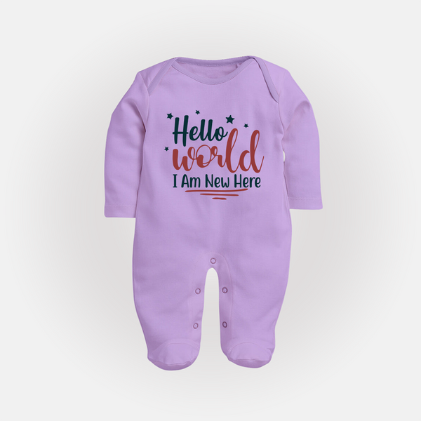 Hello World I Am New Here Sleep Suit | Custom Baby Sleep Suit for a Newborn Introduction - LILAC - New Born (Chest 7.5")
