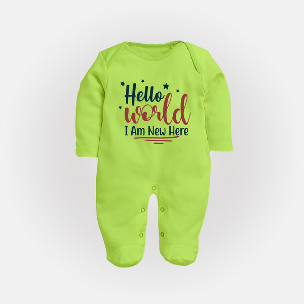 Hello World I Am New Here Sleep Suit | Custom Baby Sleep Suit for a Newborn Introduction - LIME GREEN - New Born (Chest 7.5")