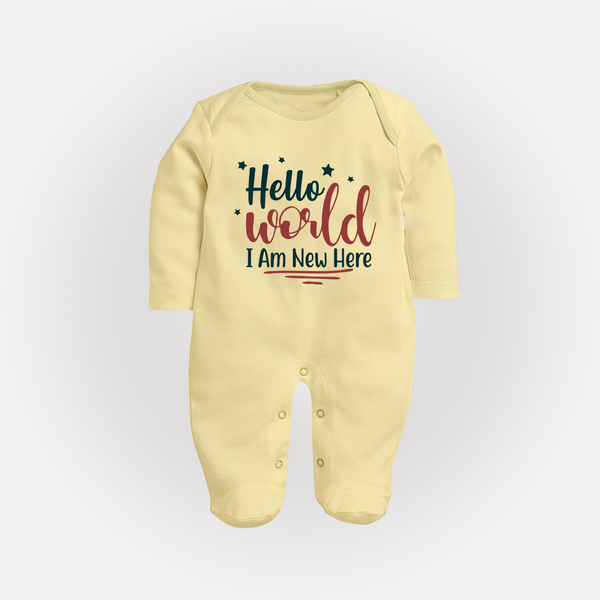 Hello World I Am New Here Sleep Suit | Custom Baby Sleep Suit for a Newborn Introduction - PASTEL YELLOW - New Born (Chest 7.5")