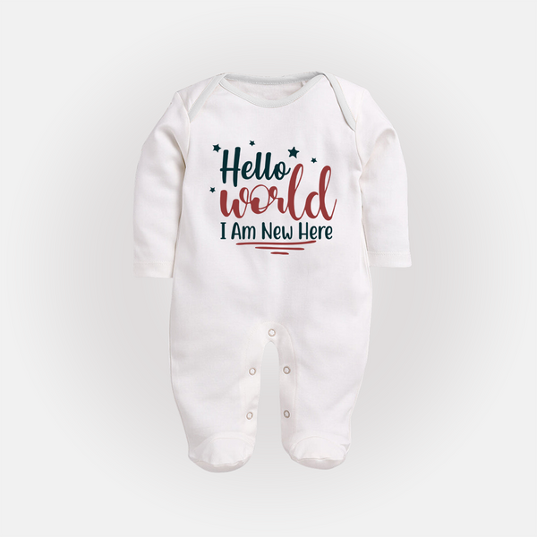 Hello World I Am New Here Sleep Suit | Custom Baby Sleep Suit for a Newborn Introduction - WHITE - New Born (Chest 7.5")