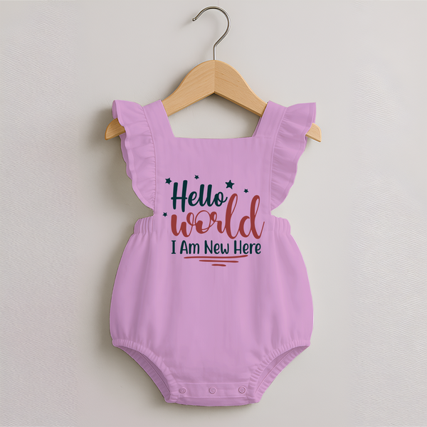 Hello World I Am New Here Romper Frock | Custom Baby Romper Frock for a Newborn Introduction - BABY PINK - 0 - 3 Months Old (Chest 19")
